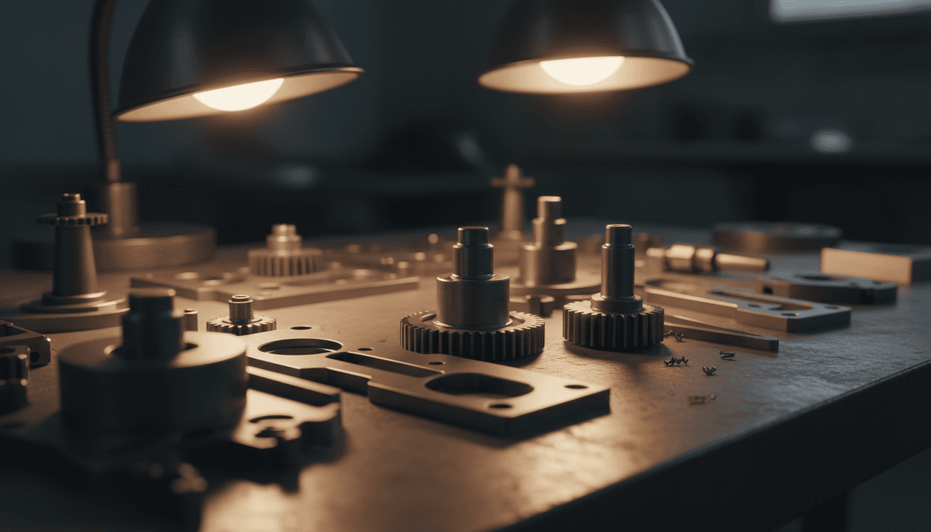 Precision metal components on workbench showing manufacturing detail and quality