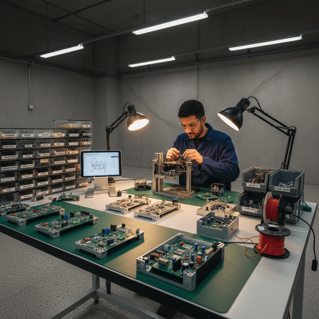 Assembly production workstation with components in progress