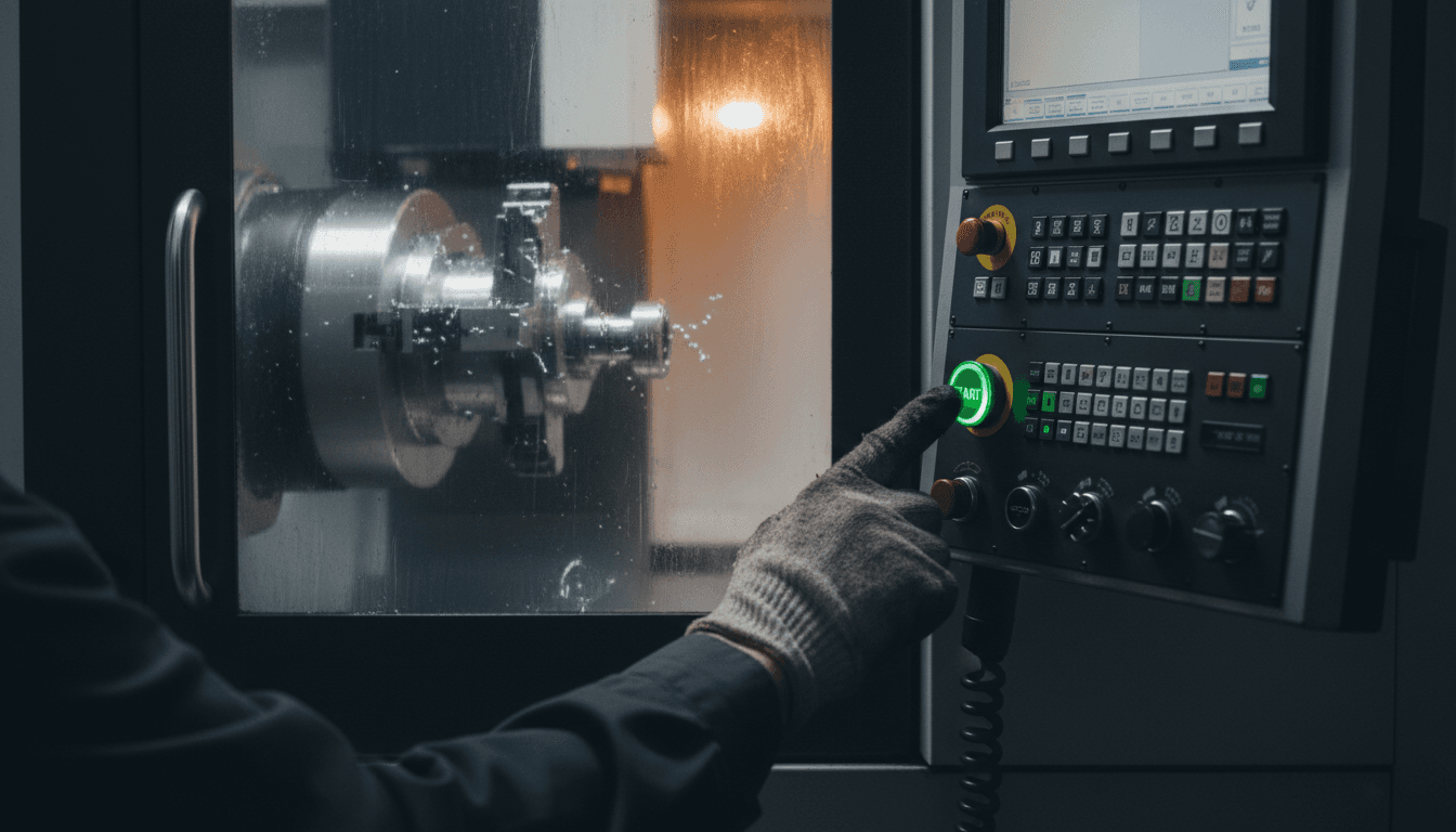Machinist operating precision fabrication equipment in manufacturing workshop