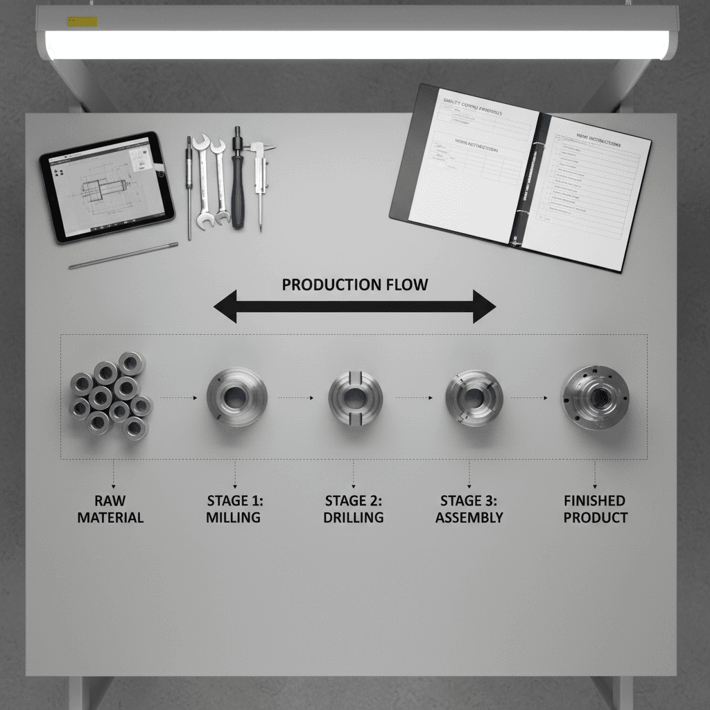 Organized manufacturing workflow showing repeatable assembly process