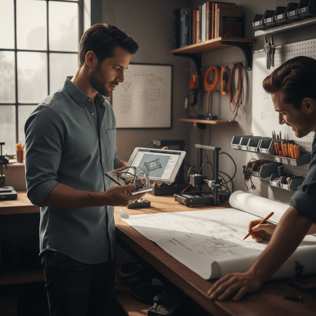 Technician reviewing custom component design during fabrication